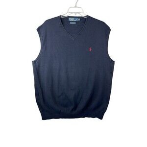 POLO Ralph Lauren Men's Blue Sweater Vest 100% Pima Cotton V-Neck XLT Academia